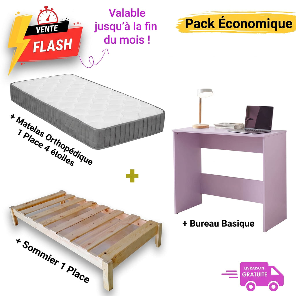 Pack Économique 3 en 1 – Matelas + Sommier + Bureau Mauve Clair