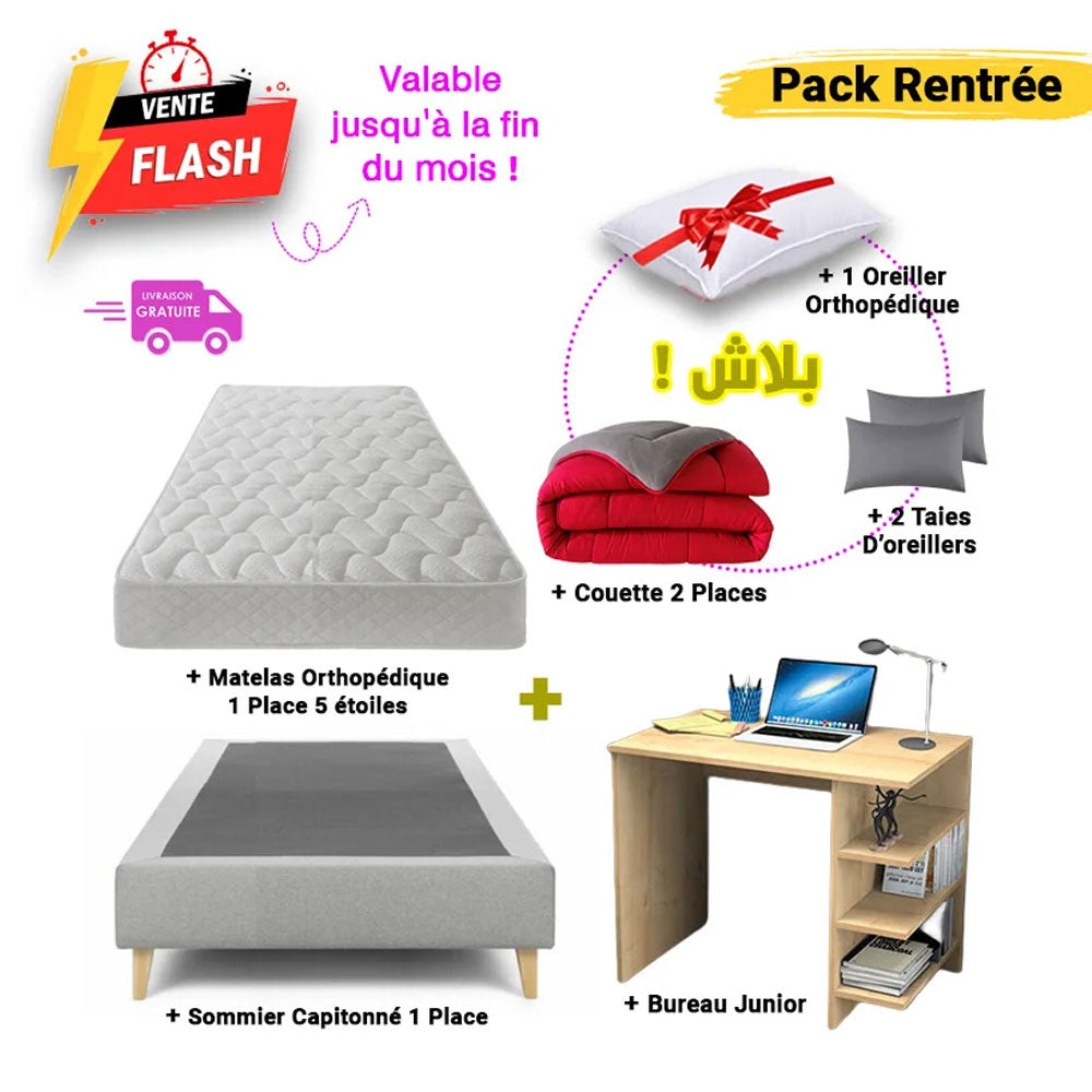 Pack Rentrée 6 en 1 – Matelas + Sommier + Bureau + 1 Oreiller + Couette 2 Places + 2 Taies