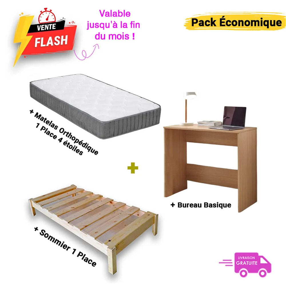 Pack Économique 3 en 1 – Matelas + Sommier + Bureau